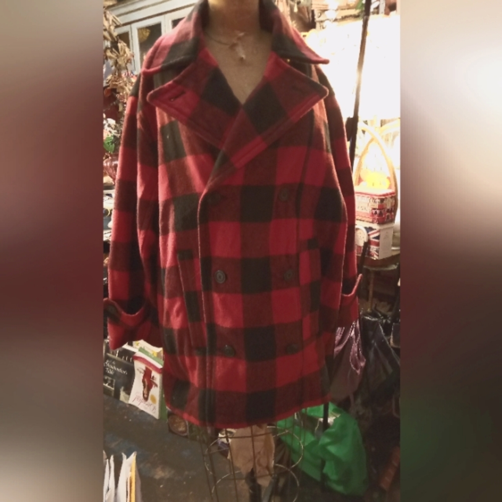 Women's red and black wool check peacoat large